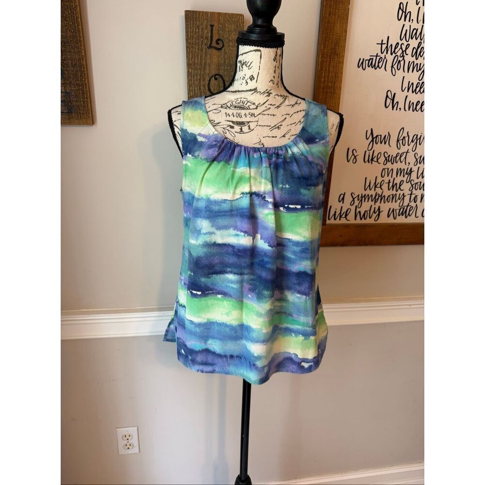 Chico's Women's Watercolor Stripe Sleeveless Top Blouse Blue Green Size 0